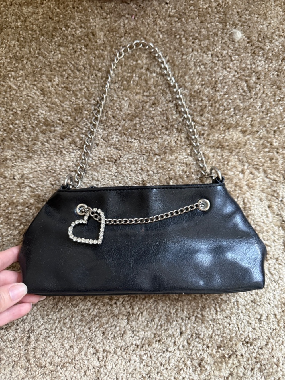 Studio Works Black Chain-Handle Clutch with Rhinestone Heart Charm